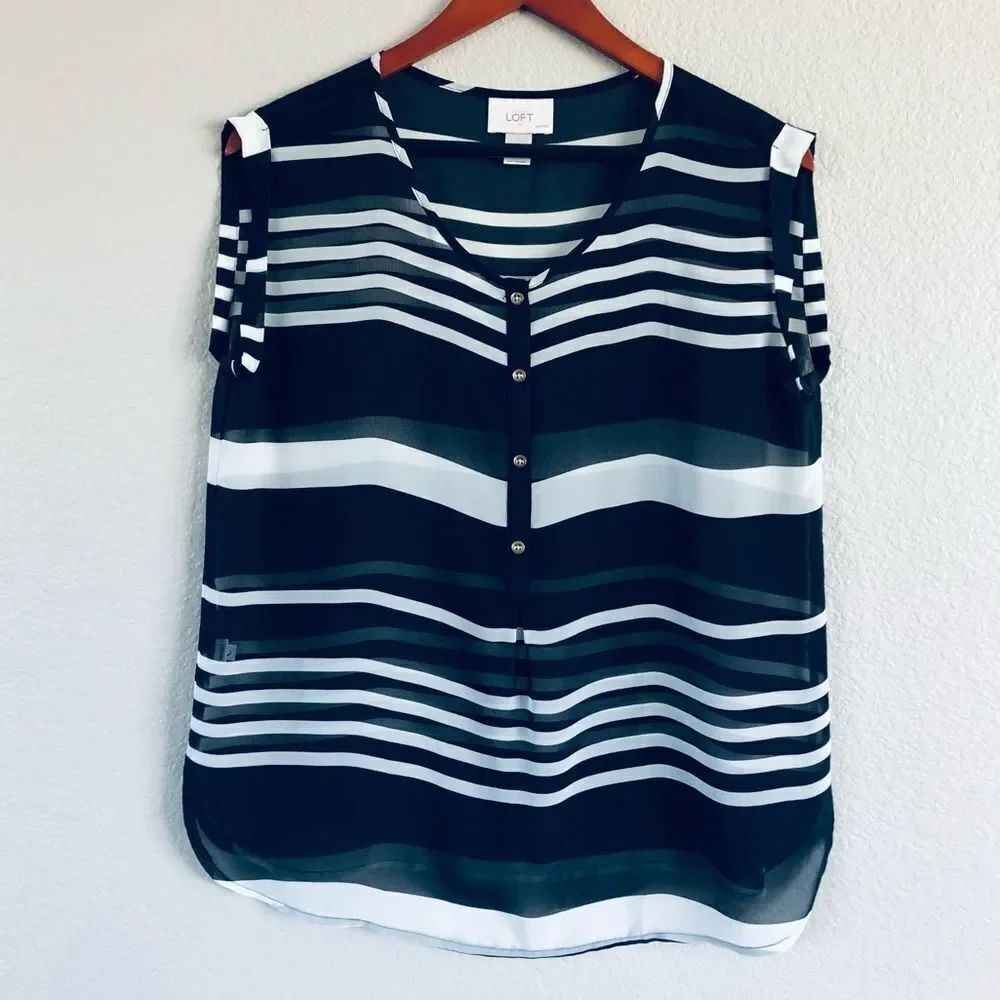 LOFT Ann Taylor Navy Blue Sheer Striped Loose Top SP